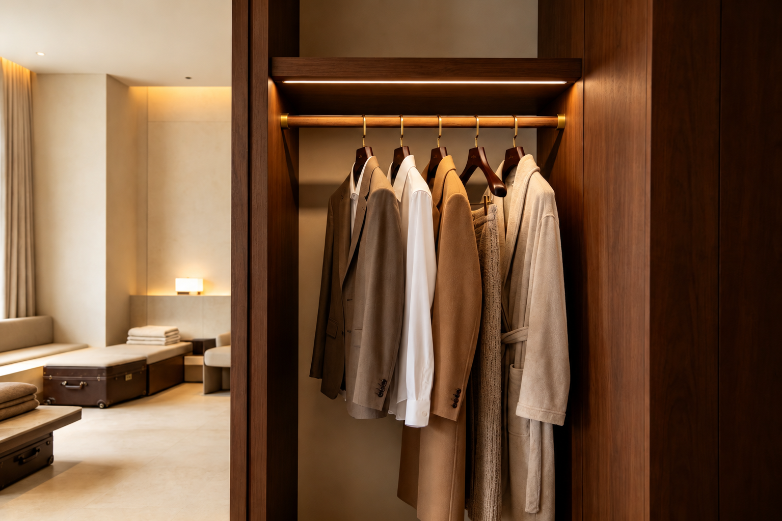 Wooden hangers with guest garments inside a warm luxury hotel wardrobe.