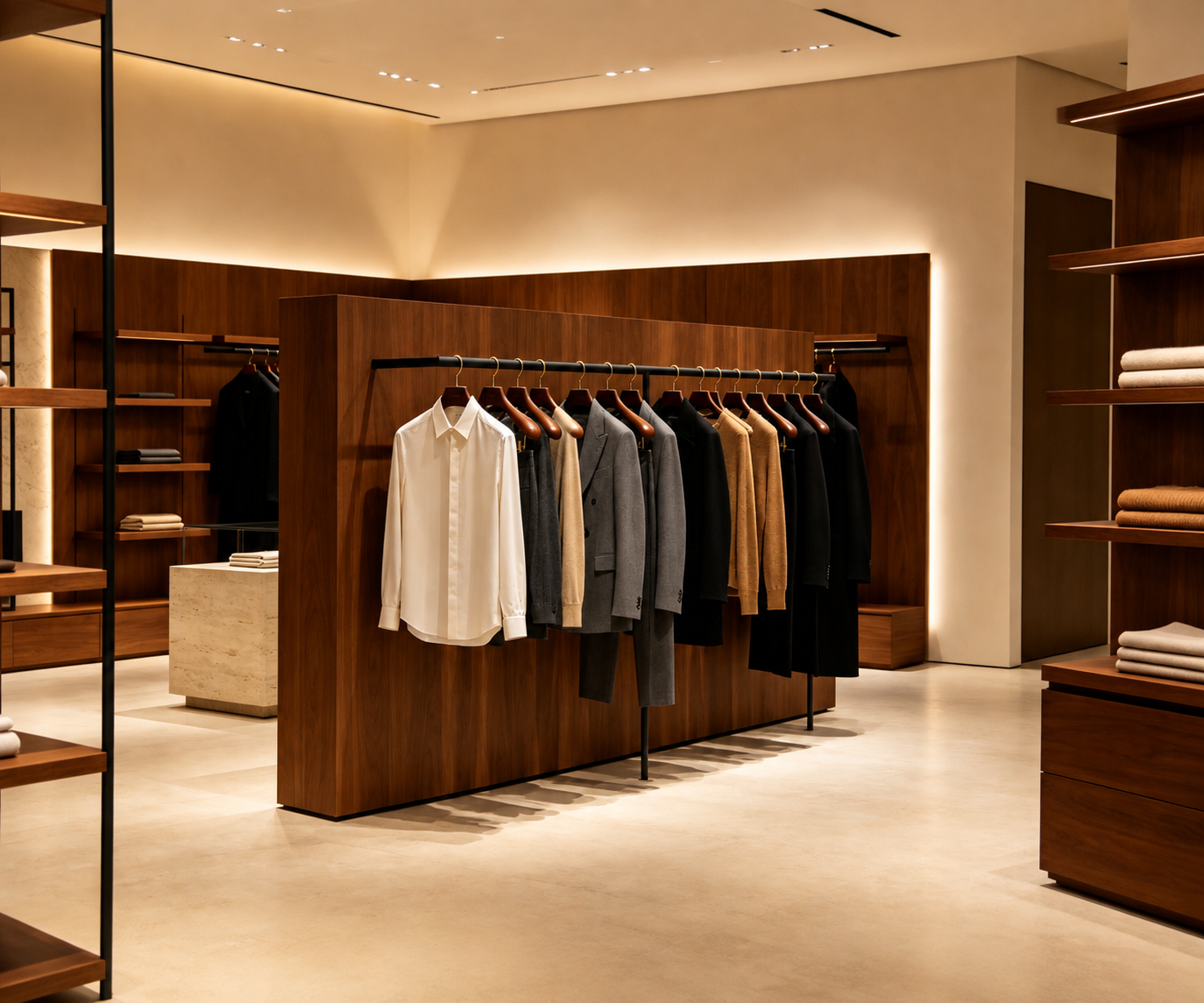 Coordinated garments displayed on wooden hangers in a premium retail store.