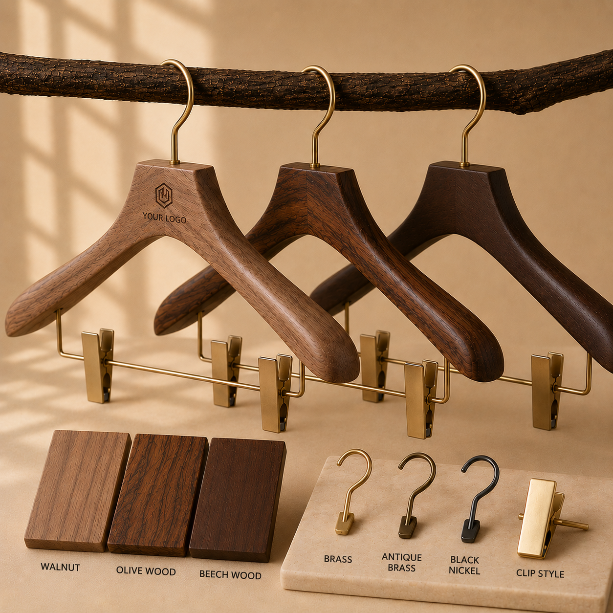 Custom wooden hangers displayed with wood, logo, hook and hardware options.
