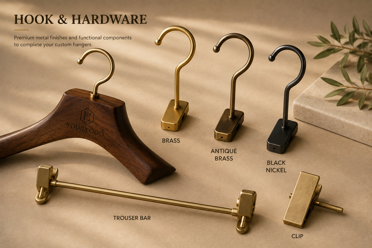 Brass, antique brass and black nickel hooks shown with trouser bar and clip hardware.