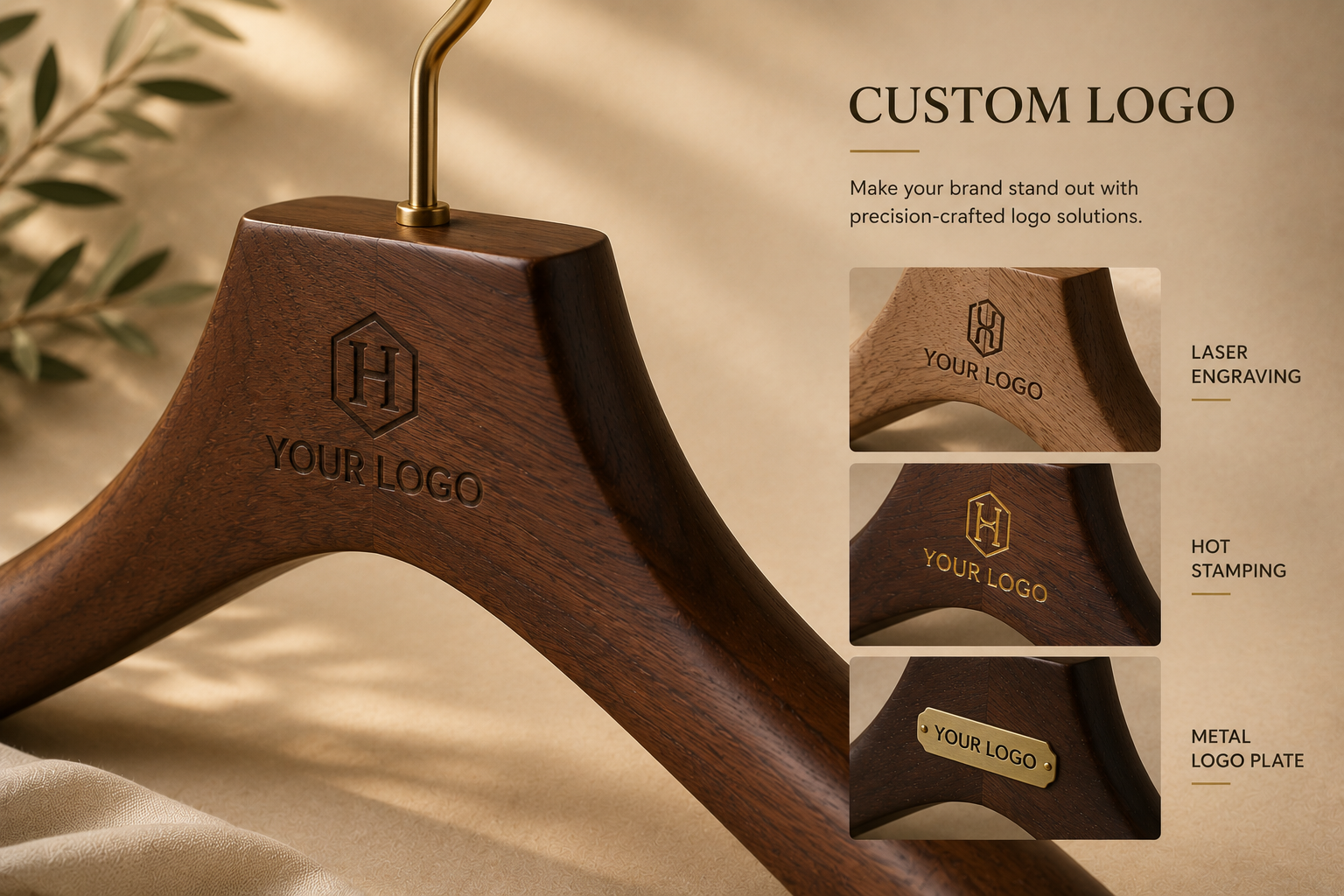Wooden hanger close-up showing laser engraving, hot stamping and metal logo plate examples.
