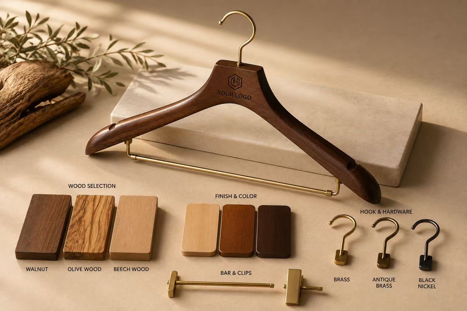 Complete custom wooden hanger displayed with wood, finish, hook, trouser bar and clip options.