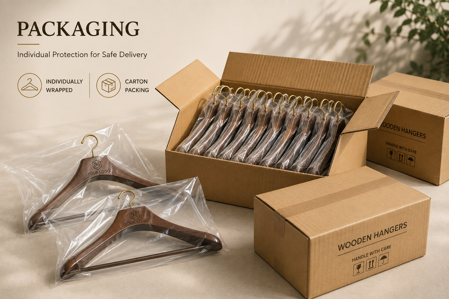 Wooden hangers individually wrapped in transparent bags and packed in corrugated cartons.