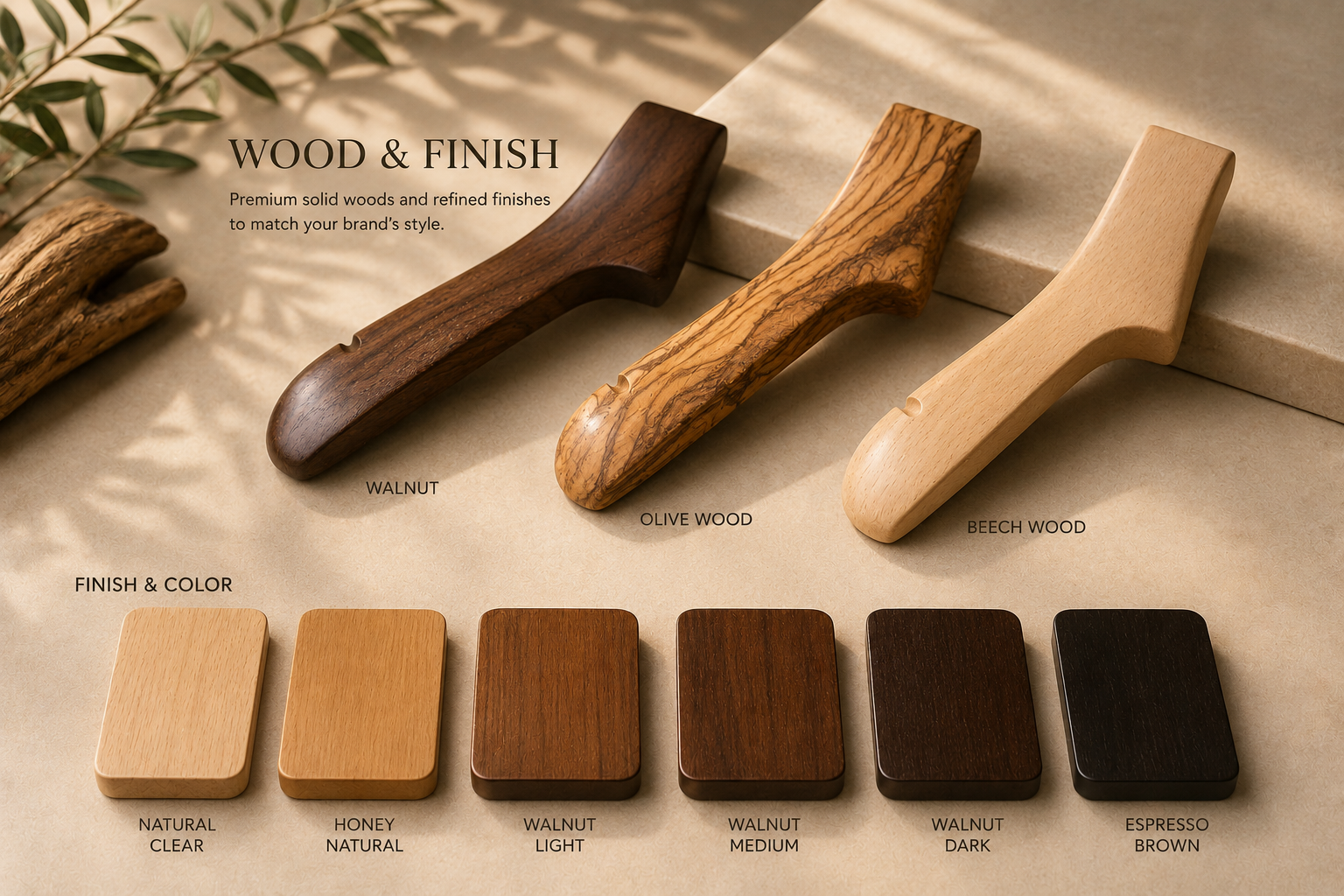 Walnut, olive wood and beech wood hanger profiles with six finish and color samples.
