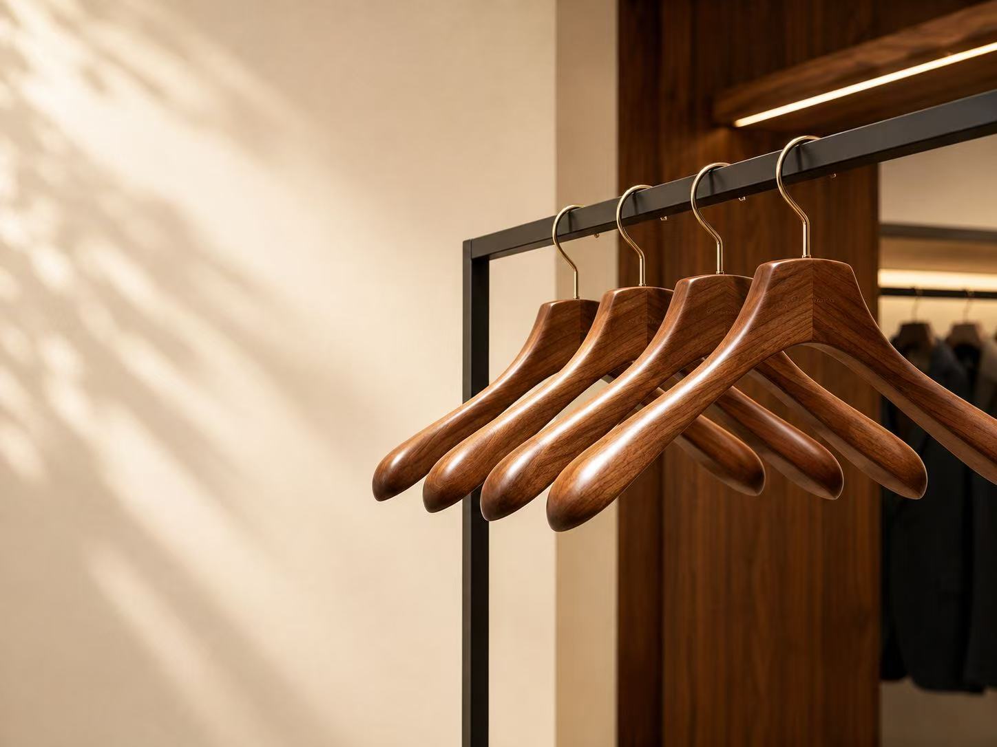 Four premium walnut-finish wooden hangers displayed in a modern luxury wardrobe.