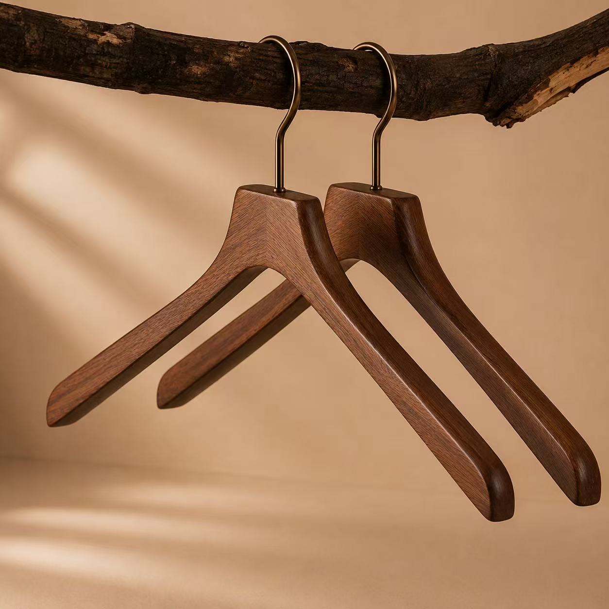 Slim-profile walnut-finish wooden shirt hangers with brass hooks.