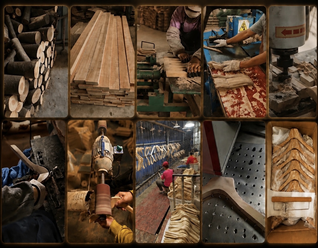 Wooden hanger production stages including material preparation, shaping, sanding, finishing and packaging.