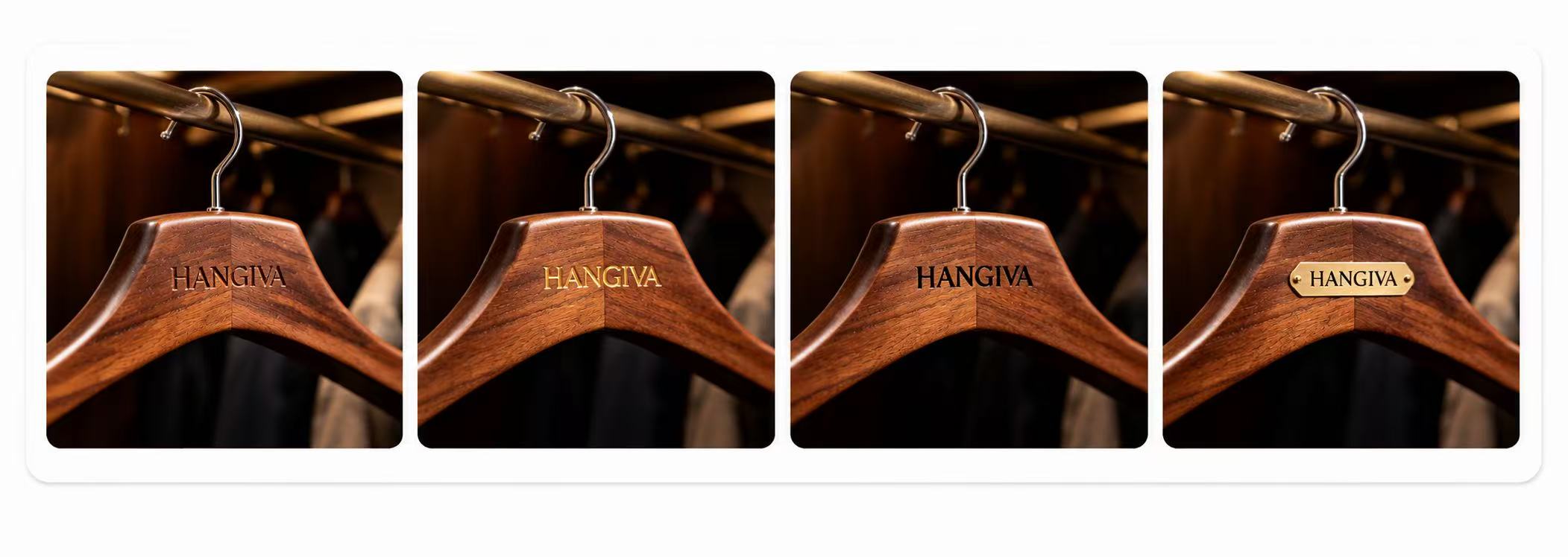 Four HANGIVA logo customization examples on wooden hangers.