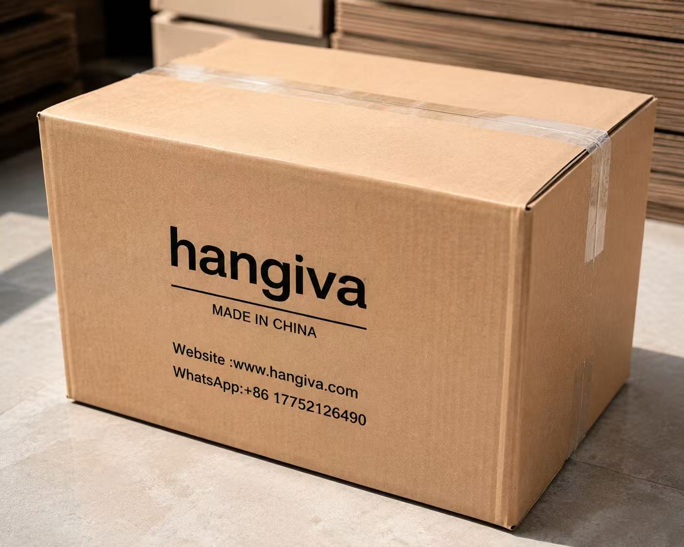 Sealed HANGIVA carton with printed contact details.
