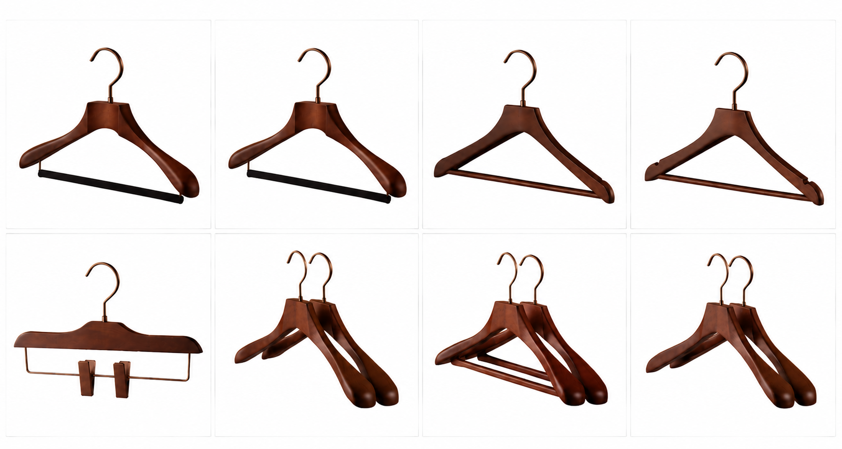 Wooden hanger profiles including shaped shoulders, trouser bars and clips.