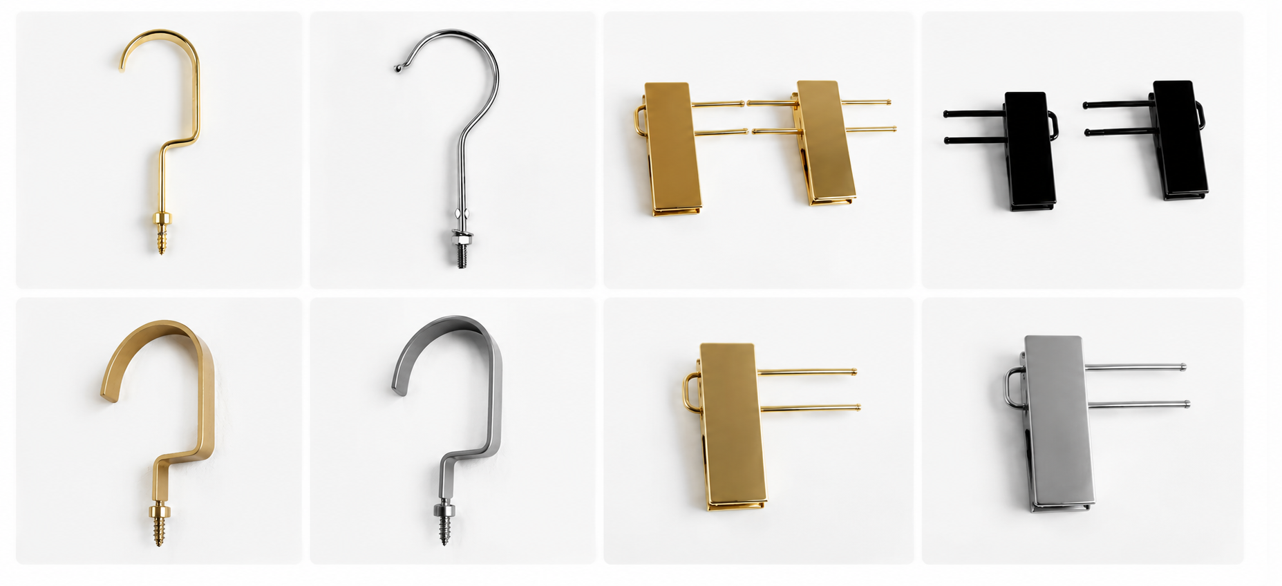 Metal hanger hooks and clips in different shapes and colors.