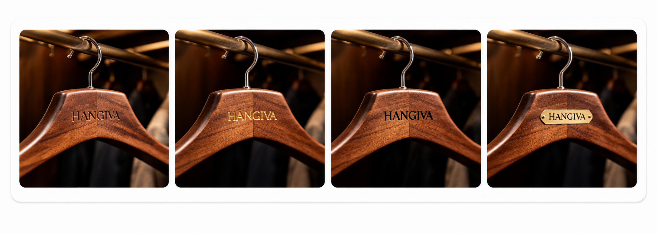 HANGIVA logo examples showing engraving, gold lettering, black printing and a metal nameplate.