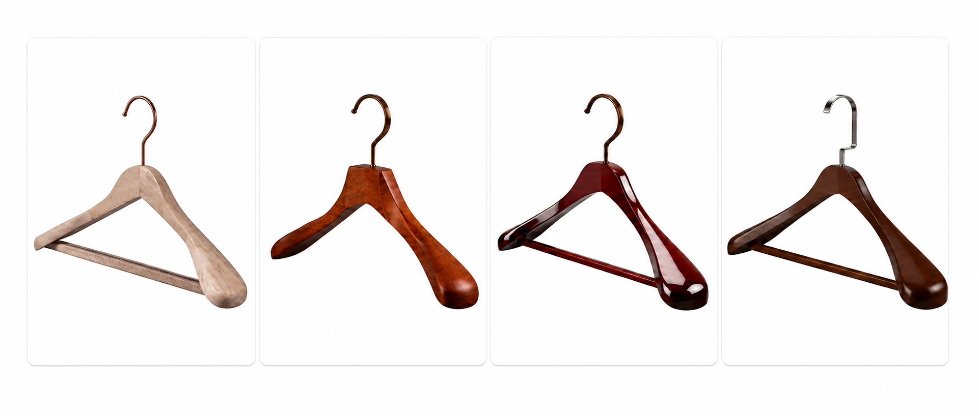 Four wooden hangers showing different surface colors and appearances.