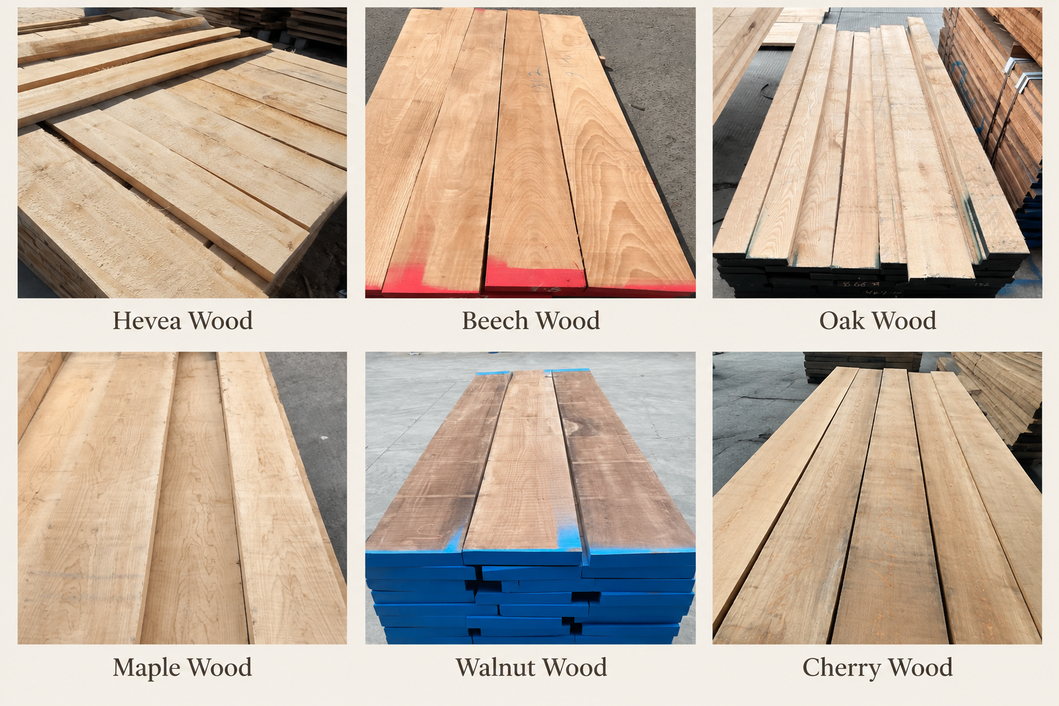 Wood boards labeled Hevea, Beech, Oak, Maple, Walnut and Cherry.